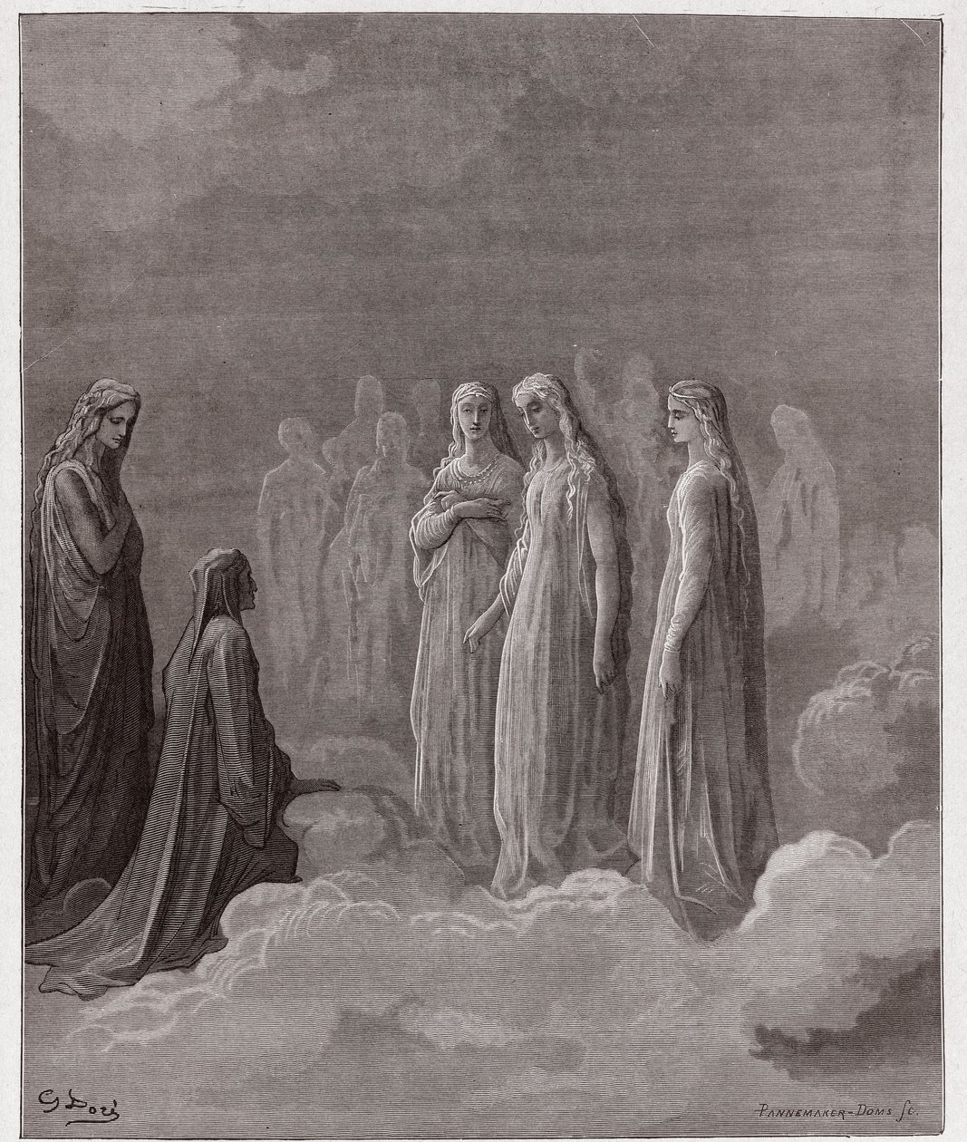 De Goddelijke Komedie (La Divina Commedia, La Divine Comedie), Paradiso, Canto 3: Het eerste rijk: Piccarda Donati en de zielen wiens geloften waren verbroken - door Dante Alighieri (1265-1321) - Illustratie door Gustave Doré (1832-1883) door Gustave Dore