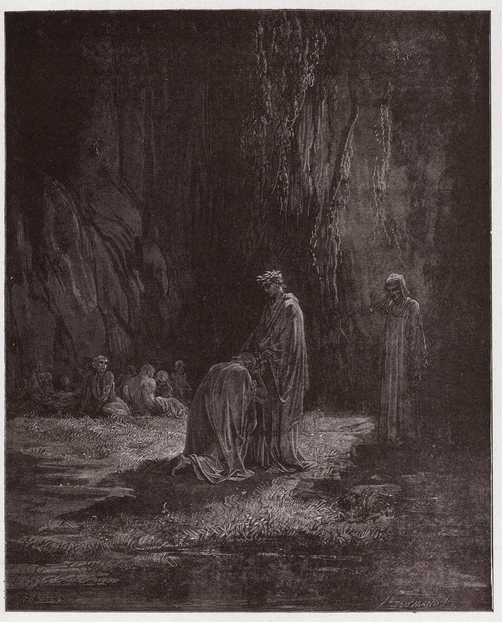 De Goddelijke Komedie, Purgatorio, Canto 7: De dichter Sordello, verbaasd, knielt voor Virgil - door Dante Alighieri (1265-1321) - Illustratie door Gustave Doré (1832-1883) door Gustave Dore