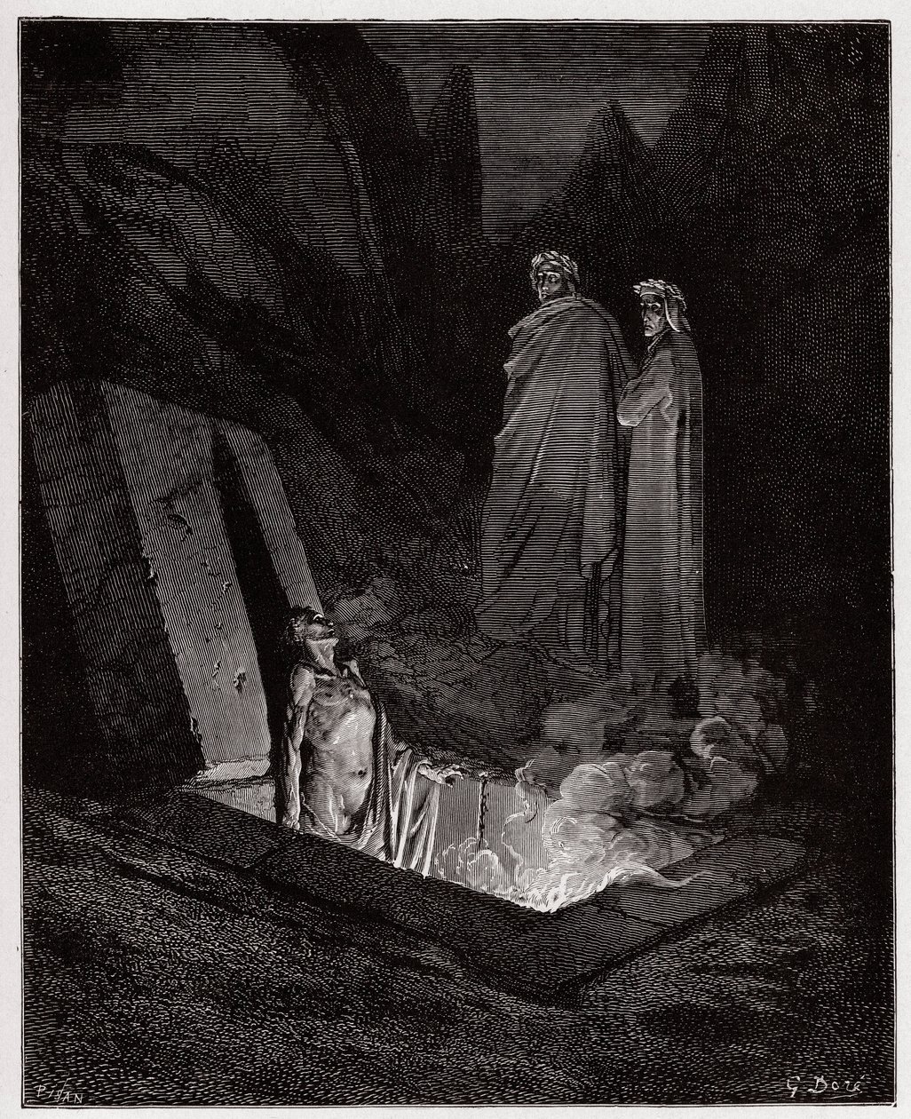 De Goddelijke Komedie (La Divina Commedia), Inferno, Canto 10: Farinata degli Uberti spreekt Dante aan - door Dante Alighieri (1265-1321) - Illustratie door Gustave Doré (1832-1883) door Gustave Dore