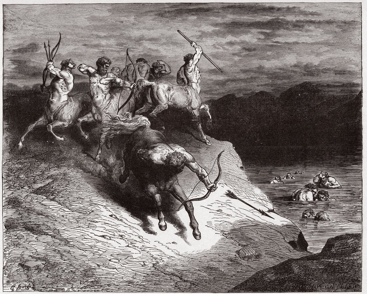 De Goddelijke Komedie (La Divina Commedia, La Divine Comedie), Inferno, Canto 12: De centauren vallen de zielen aan in kokend bloed - door Dante Alighieri (1265-1321) - Illustratie door Gustave Doré (1832-1883) door Gustave Dore