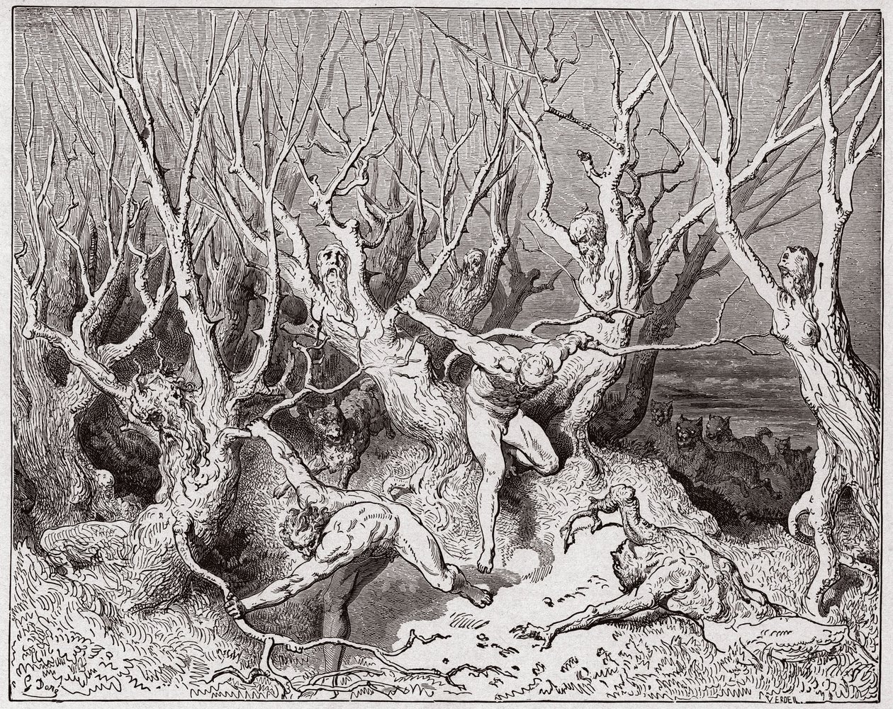 De Goddelijke Komedie, Inferno, Canto 13: De zelfmoordenaars vluchten het bos - door Dante Alighieri - Illustratie door Gustave Dore door Gustave Dore