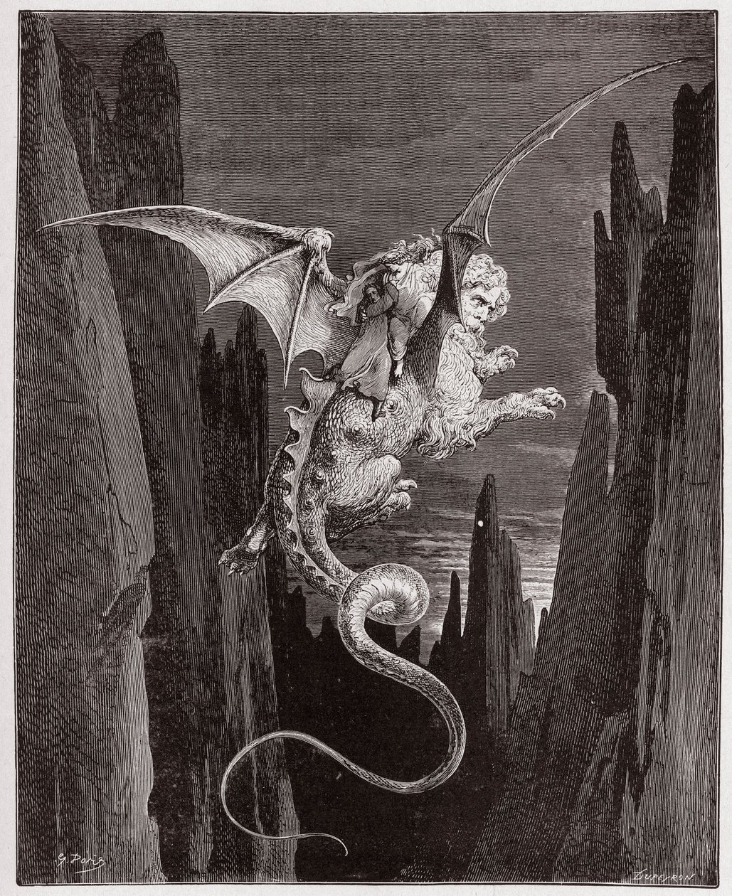 De Goddelijke Komedie, Inferno, Canto 17: De afdaling in de afgrond op de rug van Geryon - door Dante Alighieri - Illustratie door Gustave Dore door Gustave Dore