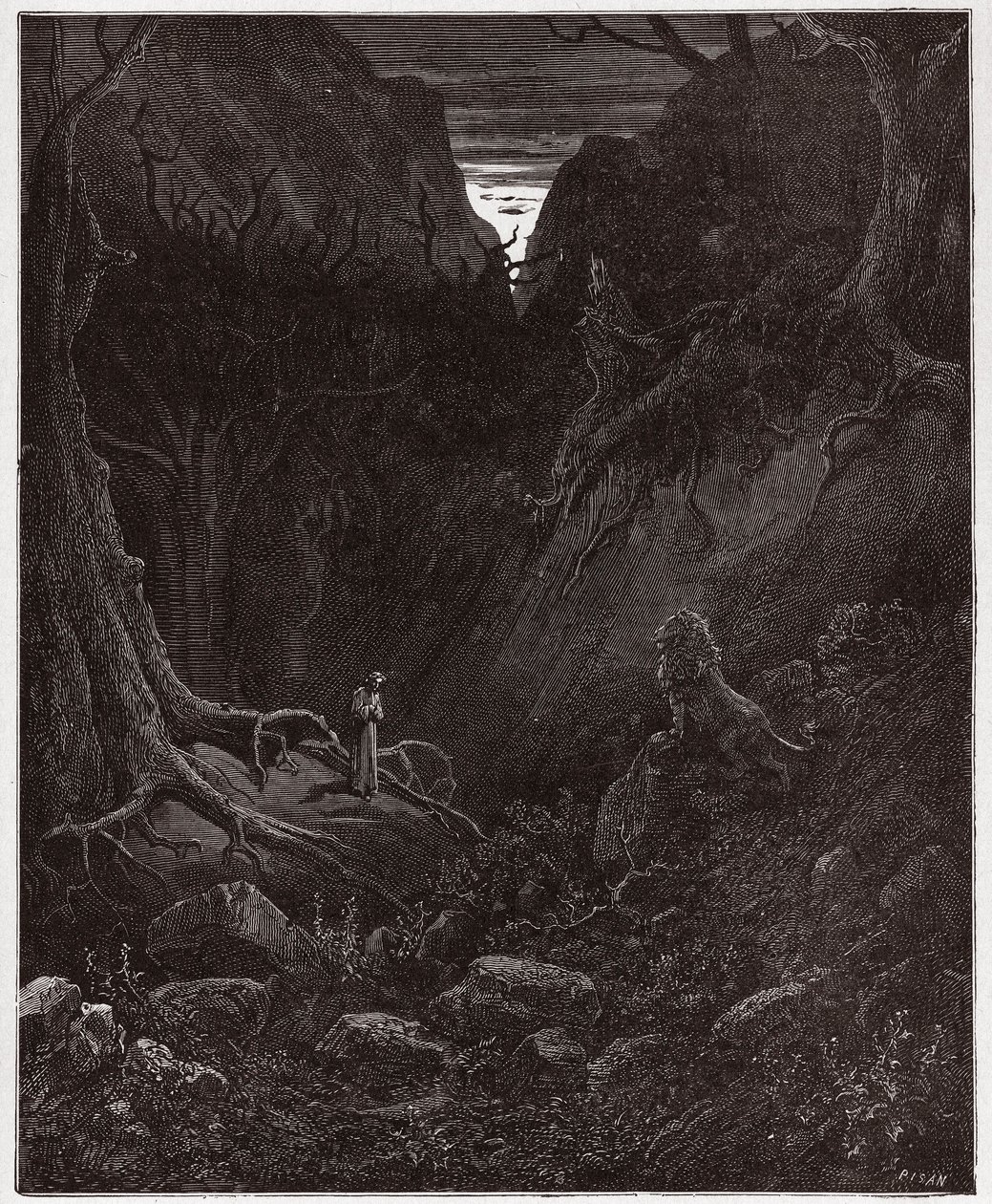 De Goddelijke Komedie (La Divina Commedia), Inferno, Canto 1: De leeuw confronteert Dante plotseling - door Dante Alighieri (1265-1321) - Illustratie door Gustave Doré (1832-1883) door Gustave Dore