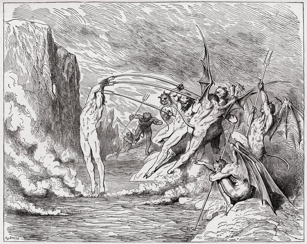 Inferno, Canto 21: Duivels kwellen de barrators (Illustratie door Gustave Doré) door Gustave Dore