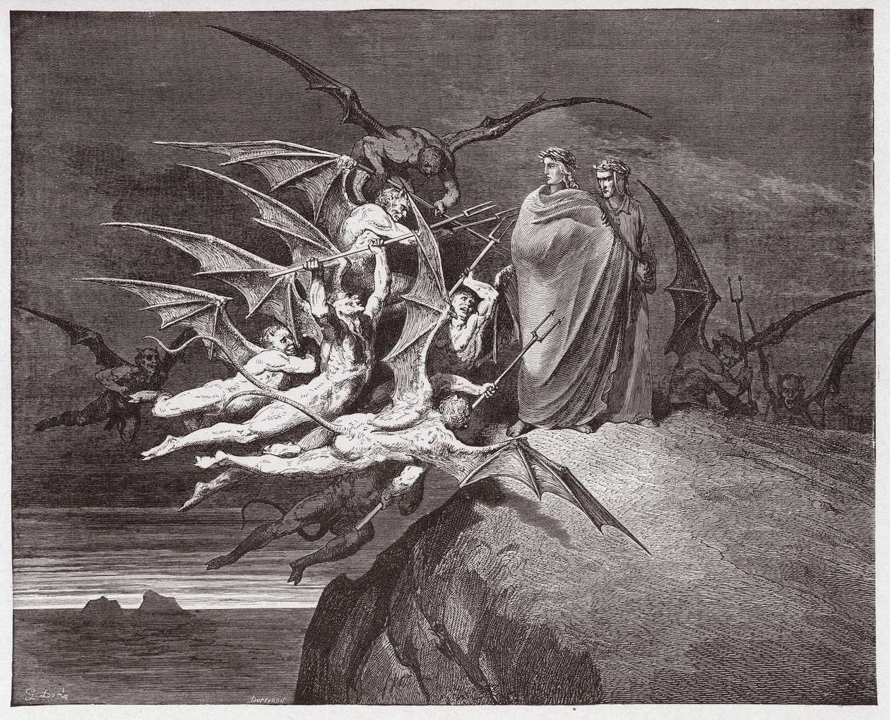 Inferno, Canto 21: De demonen bedreigen Virgil (Illustratie door Gustave Doré) door Gustave Dore