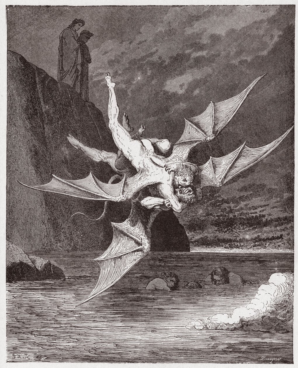 De Goddelijke Komedie, Inferno, Canto 22: Alichino en Calcabrina worstelen boven de pek - door Dante Alighieri (1265-1321) - Illustratie door Gustave Dore (1832-1883) door Gustave Dore