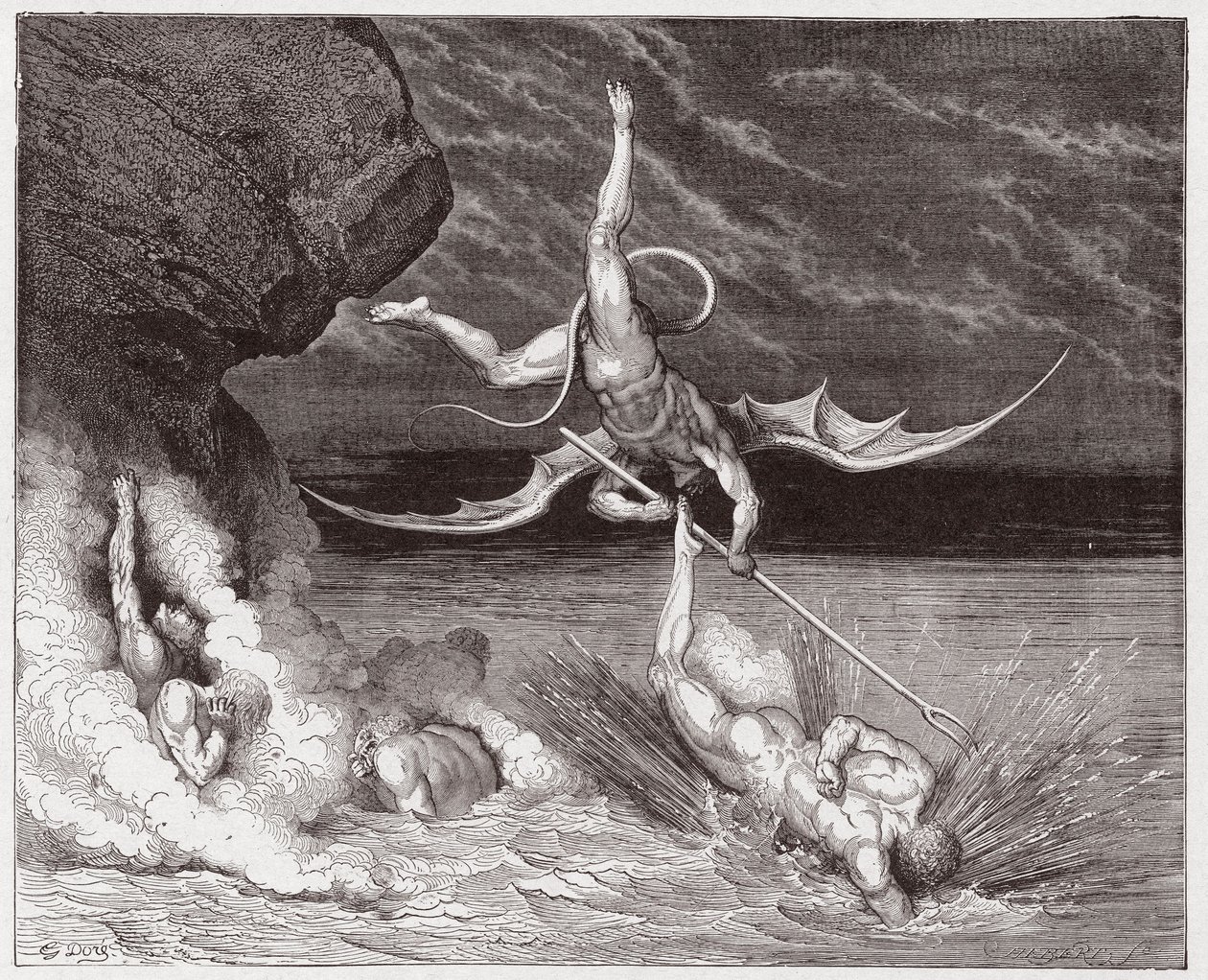 De Goddelijke Komedie, Inferno, Canto 22: Ciampolo ontsnapt aan de demon Alichino in de vijfde bolgia - door Dante Alighieri (1265-1321) - Illustratie door Gustave Dore (1832-1883) door Gustave Dore
