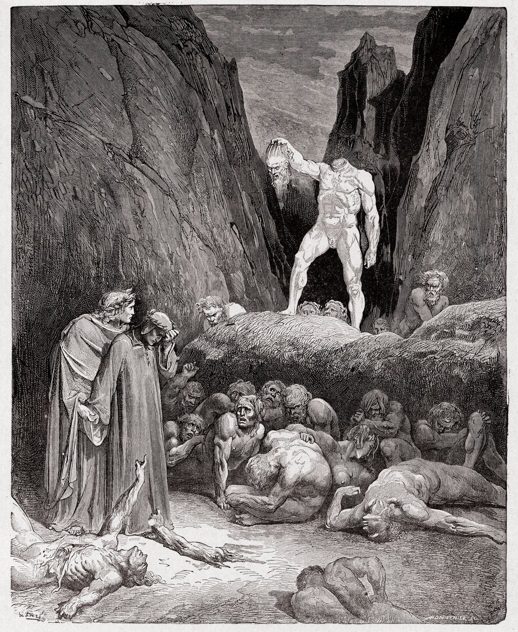 De Goddelijke Komedie, Inferno, Canto 28: Het afgesneden hoofd van Bertrand de Born spreekt tot Dante - door Dante Alighieri (1265-1321) - Illustratie door Gustave Doré (1832-1883) door Gustave Dore