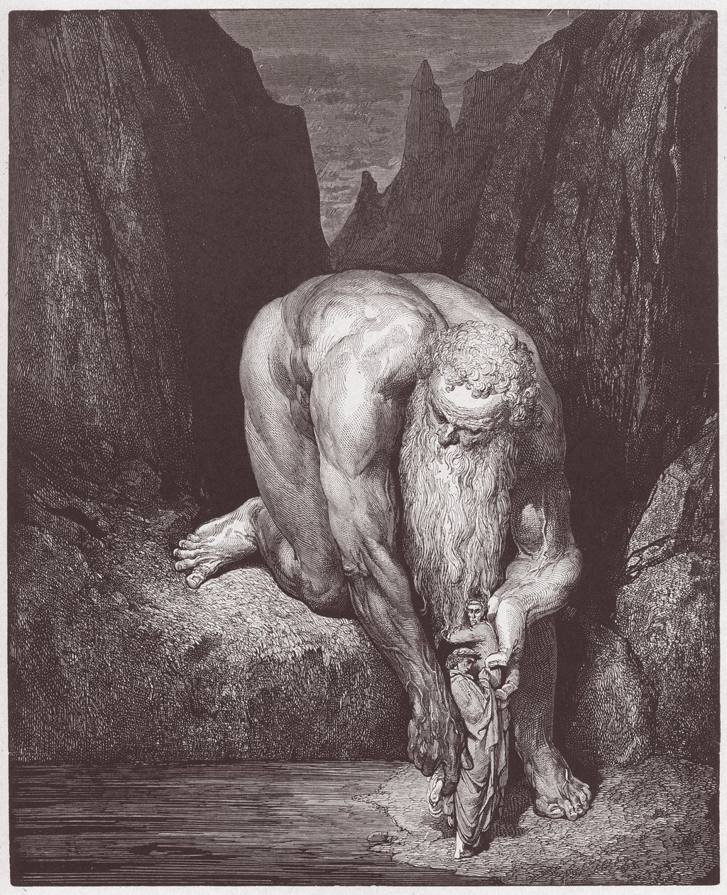 De Goddelijke Komedie (La Divina Commedia, La Divine Comedie), Inferno, Canto 31: De reus Antaeus laat Dante en Virgil zakken in de laatste cirkel - door Dante Alighieri (1265-1321) - Illustratie door Gustave Doré (1832-1883) door Gustave Dore