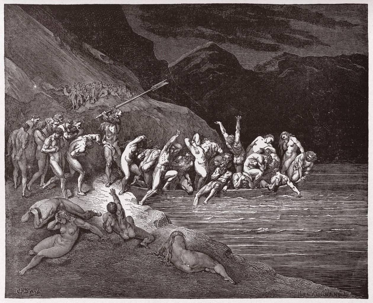 De Goddelijke Komedie (La Divina Commedia, La Divine Comedie), Inferno, Canto 3: De verdoemde zielen die zich inschepen om de Acheron over te steken - door Dante Alighieri (1265-1321) - Illustratie door Gustave Doré (1832-1883) door Gustave Dore