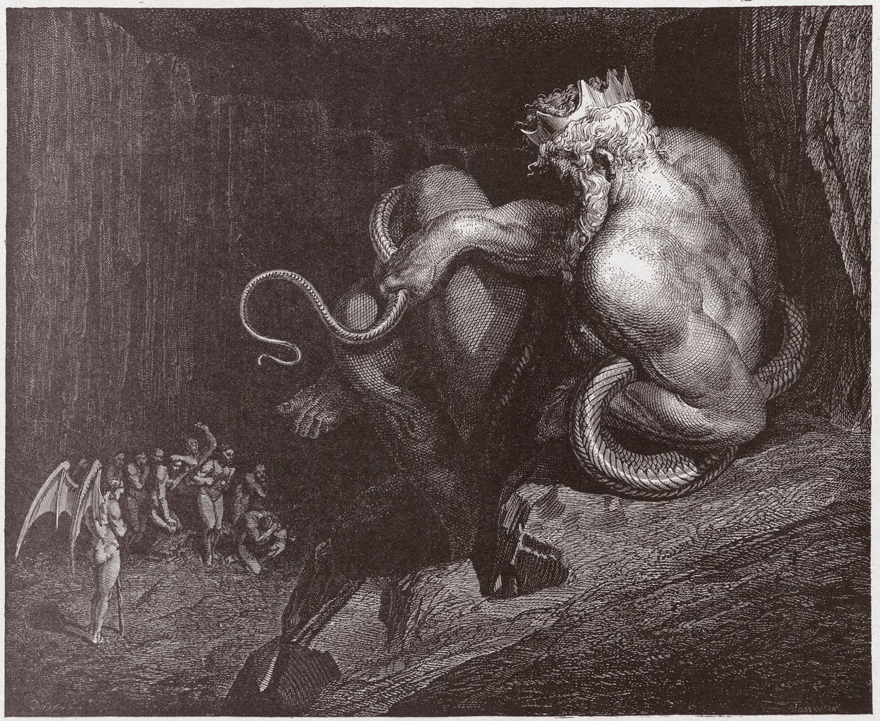 De Goddelijke Komedie, Inferno, Canto 5: Minos oordeelt over de overtredingen en stuurt de zielen - door Dante Alighieri (1265-1321) - Illustratie door Gustave Dore (1832-1883) door Gustave Dore