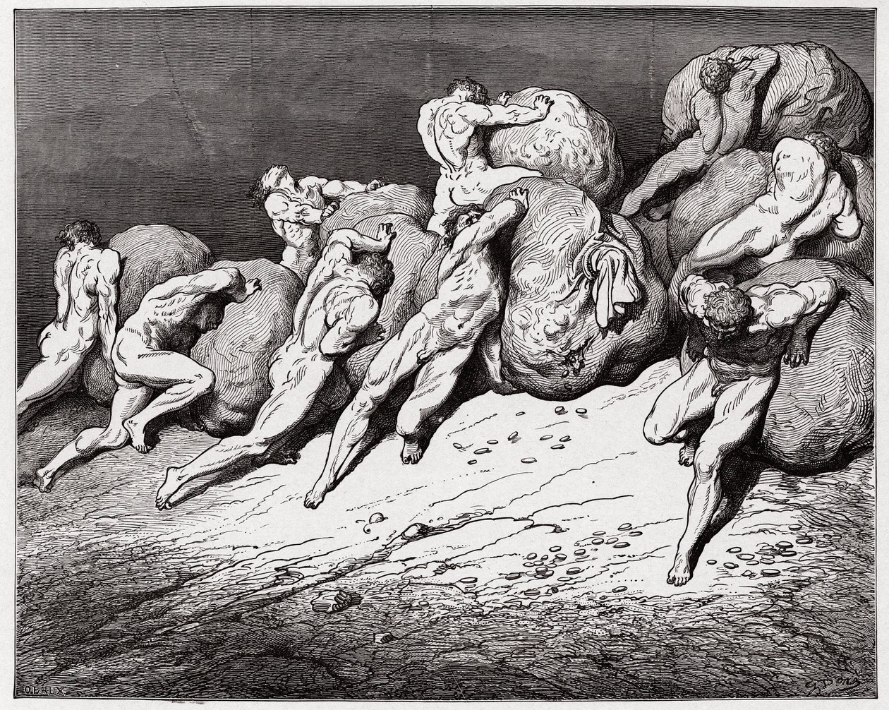Inferno, Canto 7: De zielen van de gierigen en de verkwisters gedwongen zware stenen te rollen (Illustratie door Gustave Doré) door Gustave Dore
