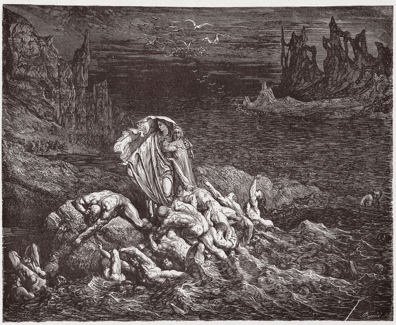 De Goddelijke Komedie, Inferno, Canto 7: Virgil toont Dante de zielen van de toornigen in de Styx - door Dante Alighieri (1265-1321) - Illustratie door Gustave Dore (1832-1883) door Gustave Dore