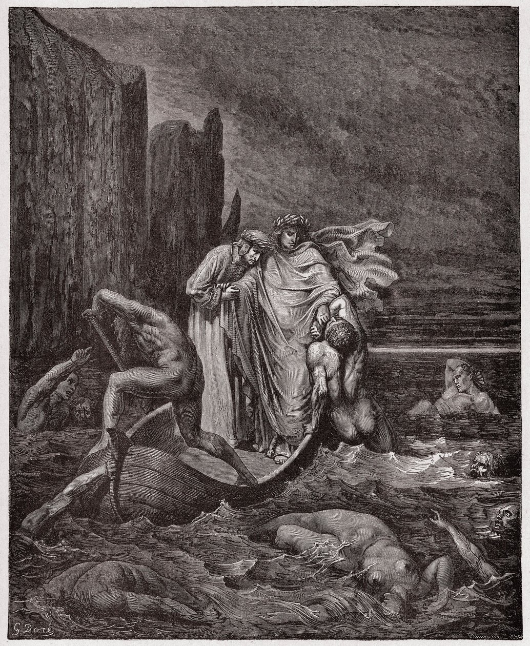 De Goddelijke Komedie, Inferno, Canto 8: De ziel van de Florentijn Philippo Argenti benadert de dichters op de Styx - door Dante Alighieri (1265-1321) - Illustratie door Gustave Dore (1832-1883) door Gustave Dore
