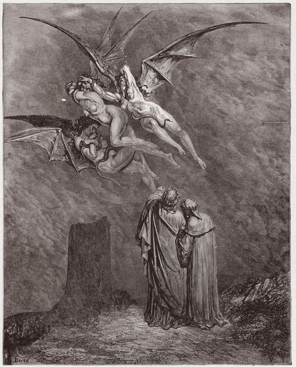 De Goddelijke Komedie, Inferno, Canto 9: De afschuwelijke Erinyes: Megaera, Tisphone, Alecto - door Dante Alighieri - Illustratie door Gustave Dore door Gustave Dore