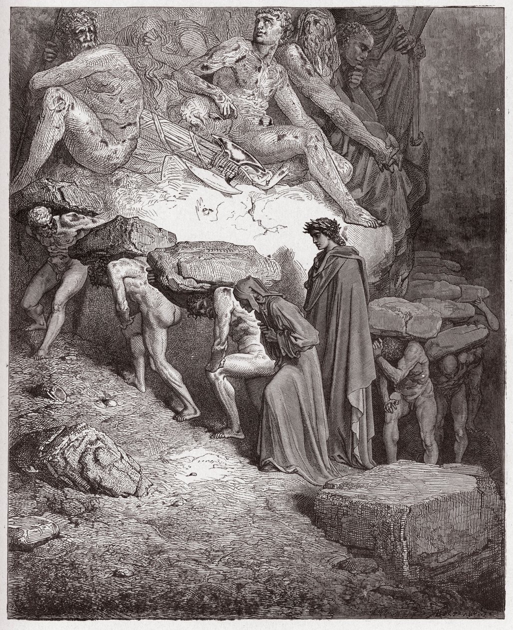 De Goddelijke Komedie (La Divina Commedia, La Divine Comedie), Purgatorio, Canto 11: De zielen van de hoogmoedigen, dragend zware stenen - door Dante Alighieri (1265-1321) - Illustratie door Gustave Doré (1832-1883) door Gustave Dore