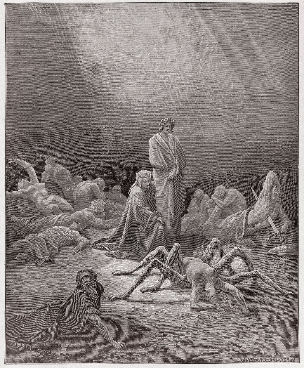 De Goddelijke Komedie, Purgatorio, Canto 12: Dante ziet de ziel van Arachne - door Dante Alighieri (1265-1321) - Illustratie door Gustave Doré (1832-1883) door Gustave Dore
