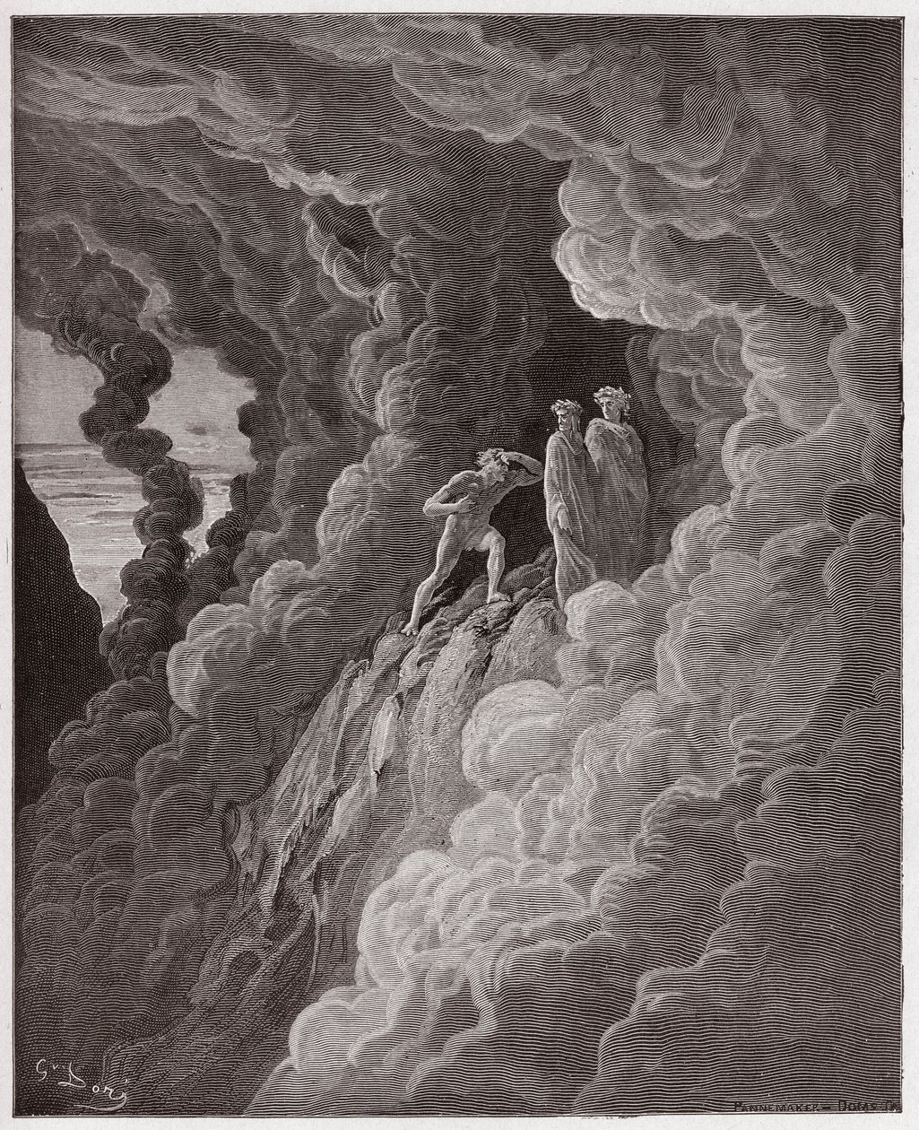 De Goddelijke Komedie, Purgatorio, Canto 16: Marco Lombardo volgt de dichters door de rook - door Dante Alighieri (1265-1321) - Illustratie door Gustave Dore (1832-1883) door Gustave Dore