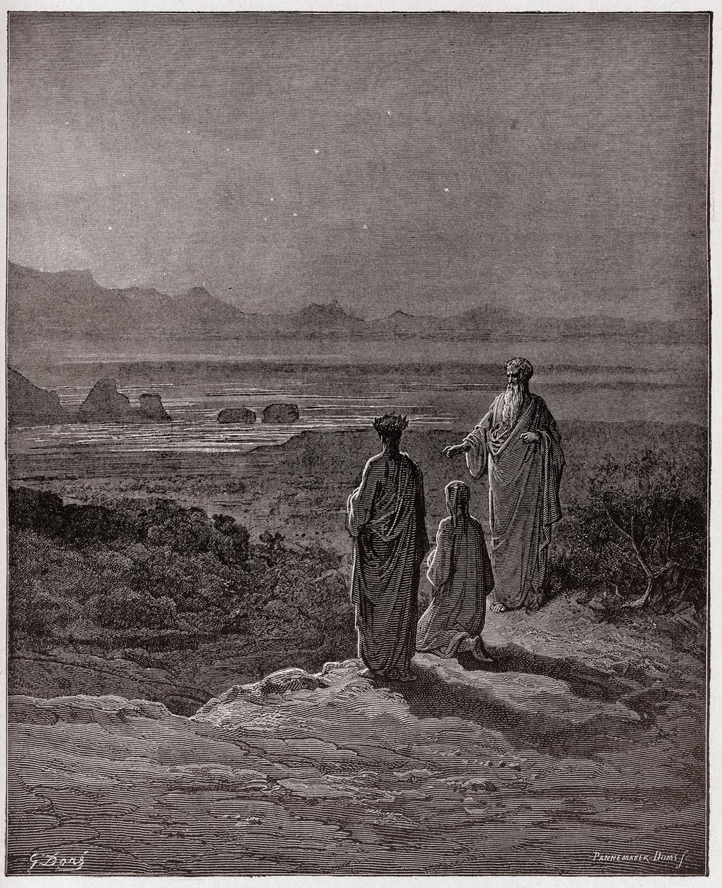 De Goddelijke Komedie, Purgatorio, Canto 1: Dante knielt voor Statius - door Dante Alighieri (1265-1321) - Illustratie door Gustave Doré (1832-1883) door Gustave Dore