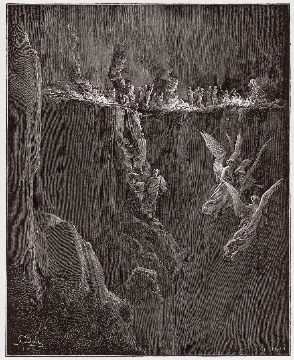 De Goddelijke Komedie, Purgatorio, Canto 25: Virgil en Dante stijgen naar de zevende cirkel door vlammen - door Dante Alighieri (1265-1321) - Illustratie door Gustave Dore (1832-1883) door Gustave Dore