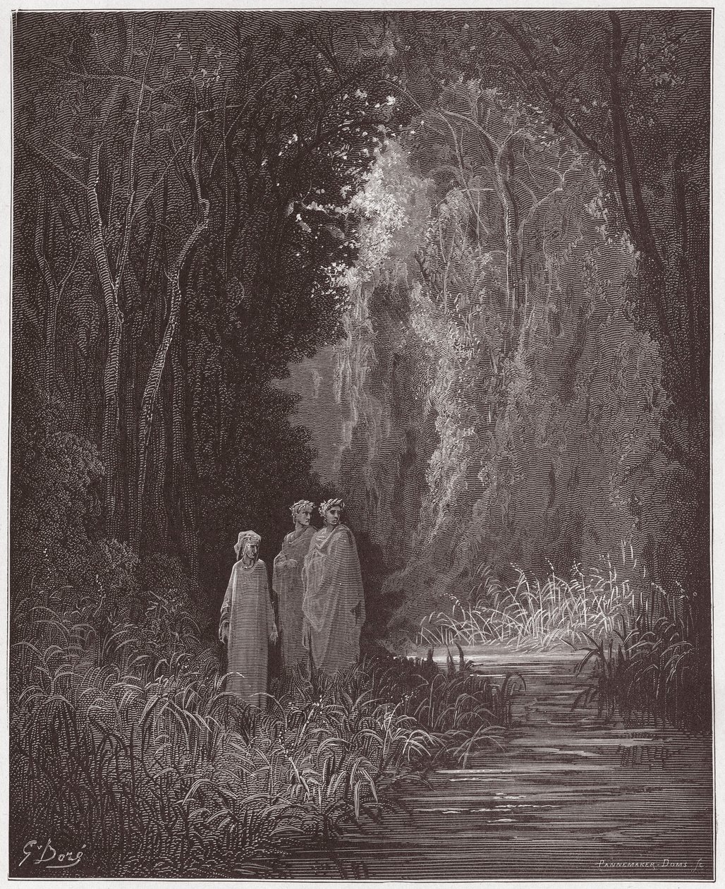 De Goddelijke Komedie (La Divina Commedia), Purgatorio, Canto 28: Dante, Virgil en Statius in het oude bos van het aardse paradijs - door Dante Alighieri (1265-1321) - Illustratie door Gustave Doré (1832-1883) door Gustave Dore
