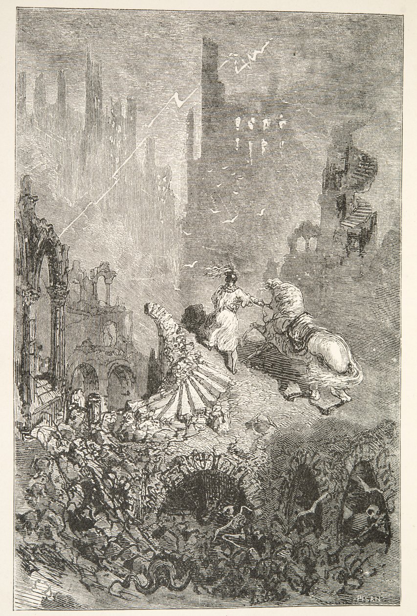 De Val van Kasteel Pellams, uit Verhalen van de Dagen van Koning Arthur door Charles Henry Hanson, pub.1898 door Gustave Dore