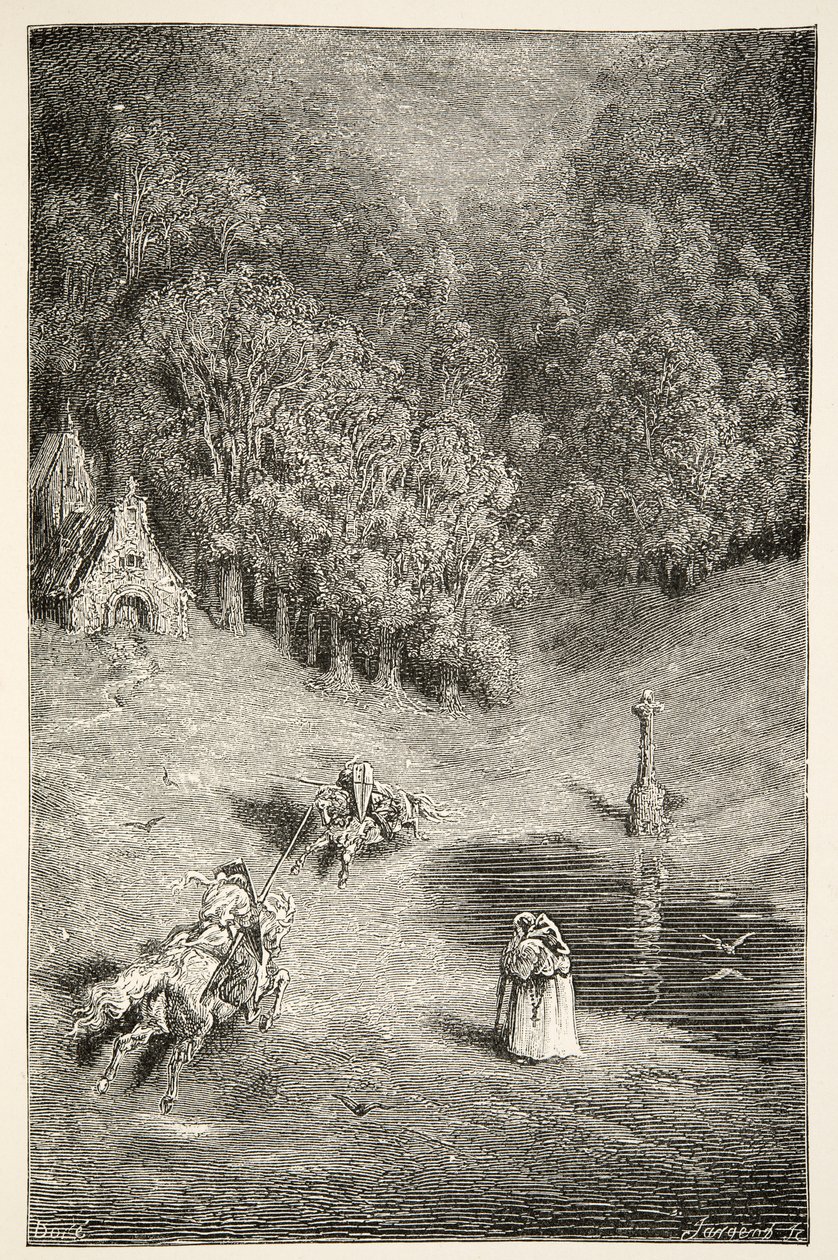 De Ontmoeting tussen Arthur en Pellinore, uit Verhalen van de Dagen van Koning Arthur door Charles Henry Hanson, pub.1898 door Gustave Dore