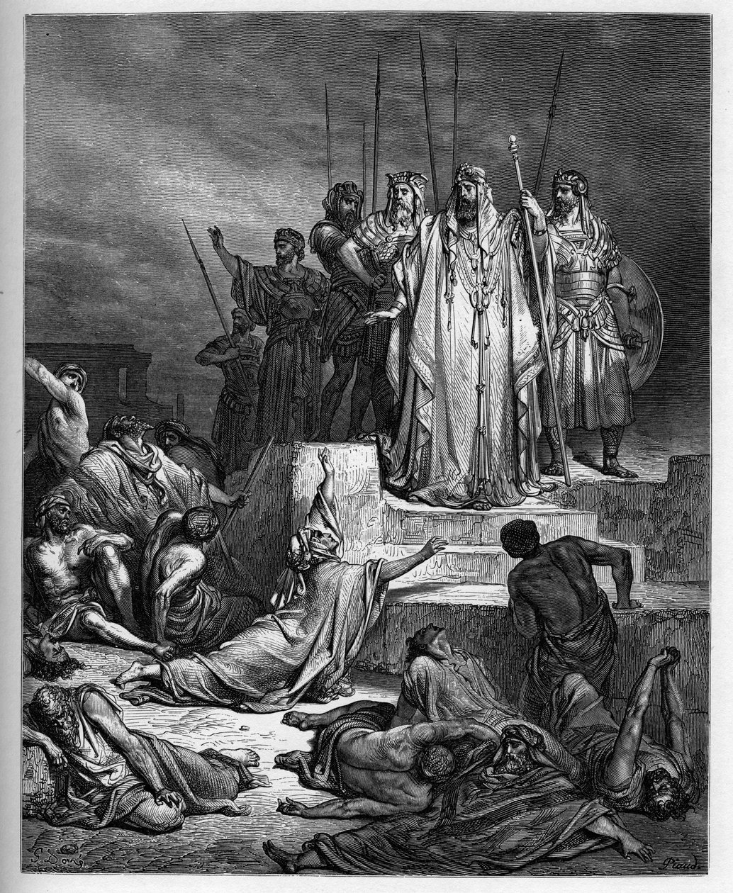 De hongersnood in Samaria - Oude Testament: Belegering van Samaria. De koning van Syrië belegerde de stad Samaria en bracht het tot een verschrikkelijke hongersnood - gravure in 