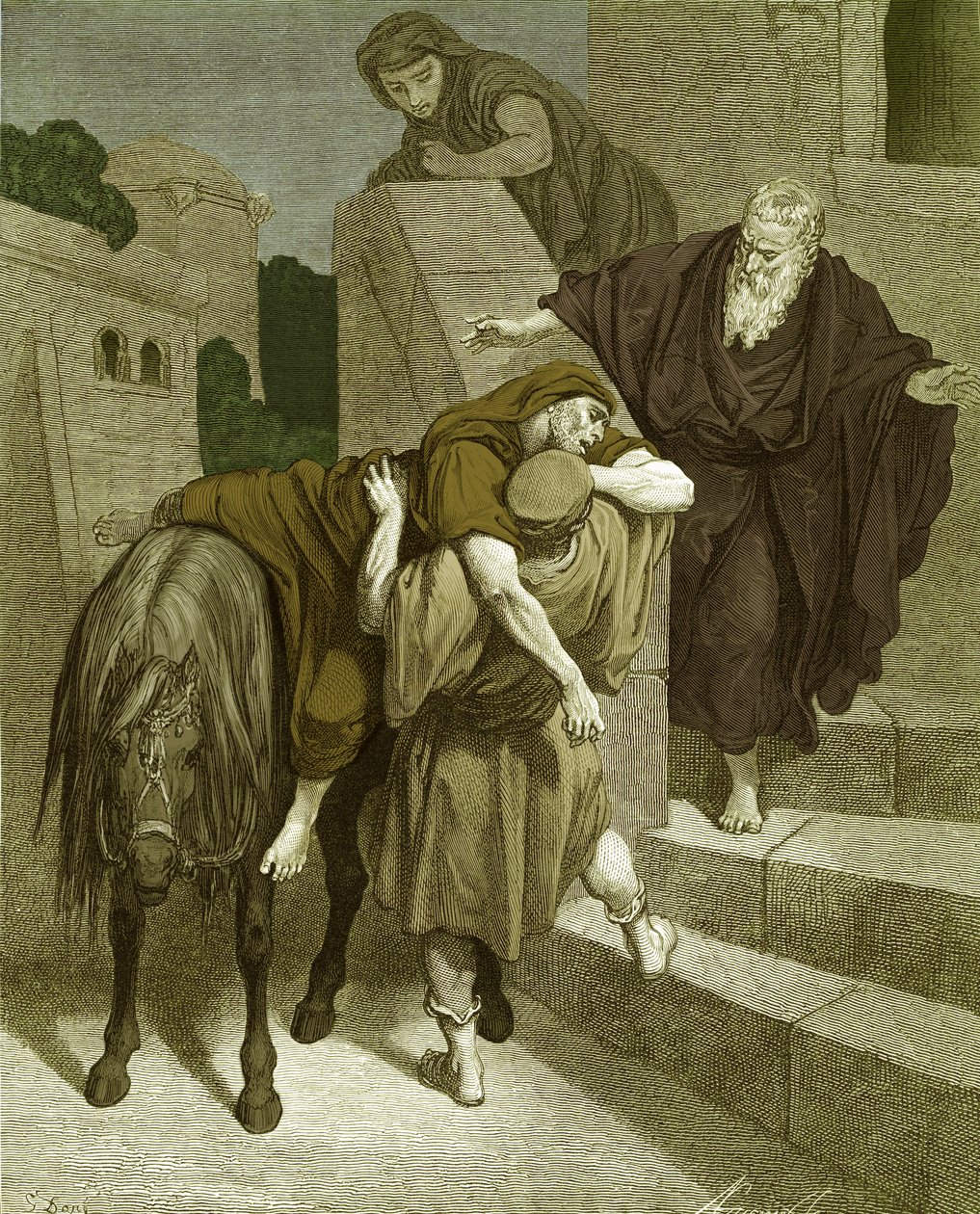 De barmhartige Samaritaan in de herberg, door Doré - Bijbel door Gustave Dore