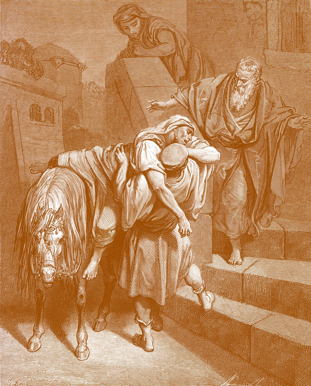 De barmhartige Samaritaan in de herberg, door Doré - Bijbel door Gustave Dore