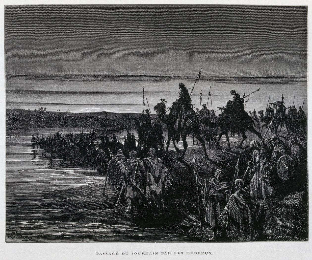 De Hebreeuwse stammen betreden Kanaän over de Jordaan, Illustratie uit de Dore Bijbel door Gustave Dore