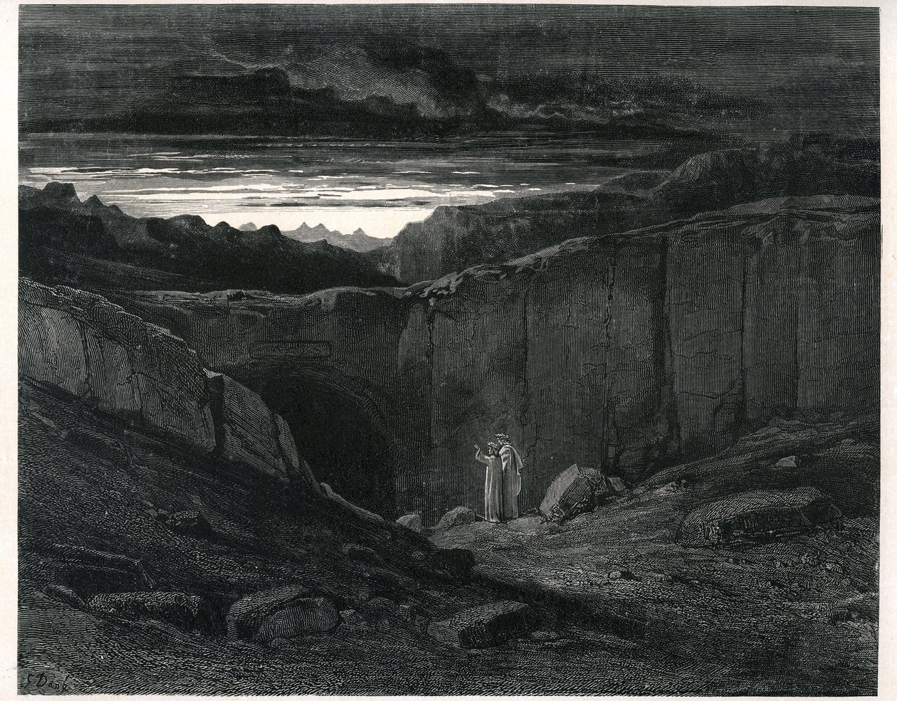 De Hel van Dante Alighieri (de Goddelijke Komedie) geïllustreerd door Gustave Dore. Franse editie van 1861. Dante en Virgil bij de ingang van de Hel: 