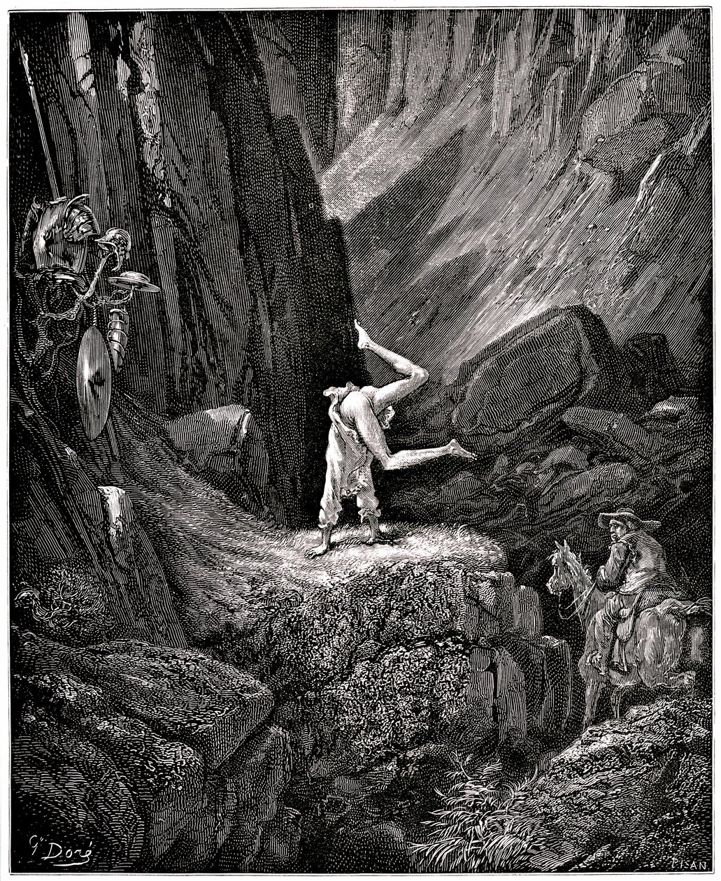 De vernuftige edelman Don Quichot van La Mancha (Quixotte - Quijote) door Miguel de Cervantes (1547-1616): de ridder met het droevige gezicht maakt cabriolen “het blootleggen van bepaalde dingen die Sancho, om ze niet te zien, zich haast om zich om te draa door Gustave Dore