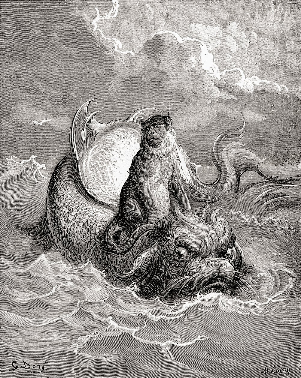 De Aap en De Dolfijn na een werk van Gustave Dore voor een La Fontaine fabel uit Leven en Herinneringen van Gustave Dore, gepubliceerd 1885 door Gustave Dore