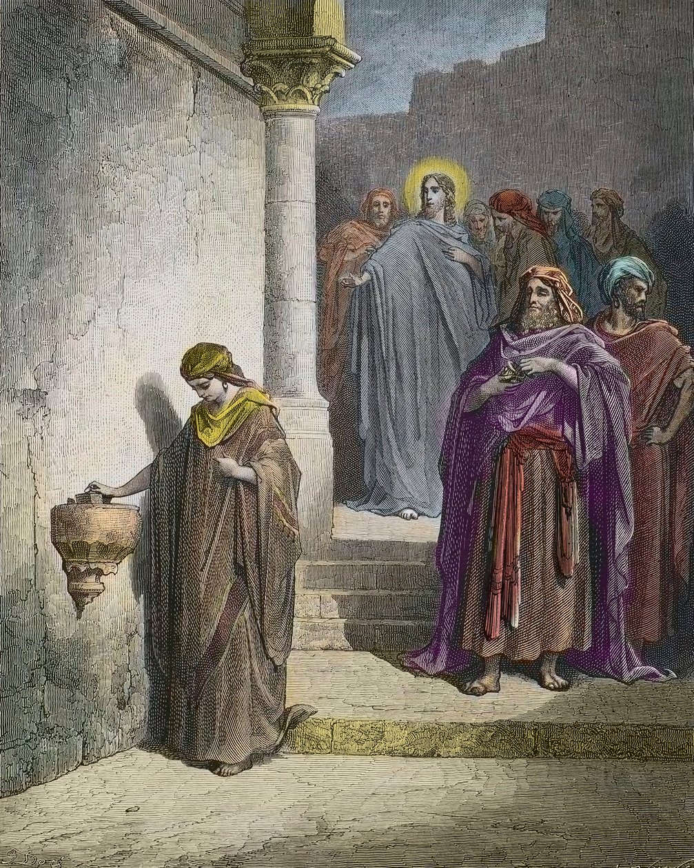 De gift van de weduwe - gravure door Gustave Doré - later ingekleurd door Gustave Dore
