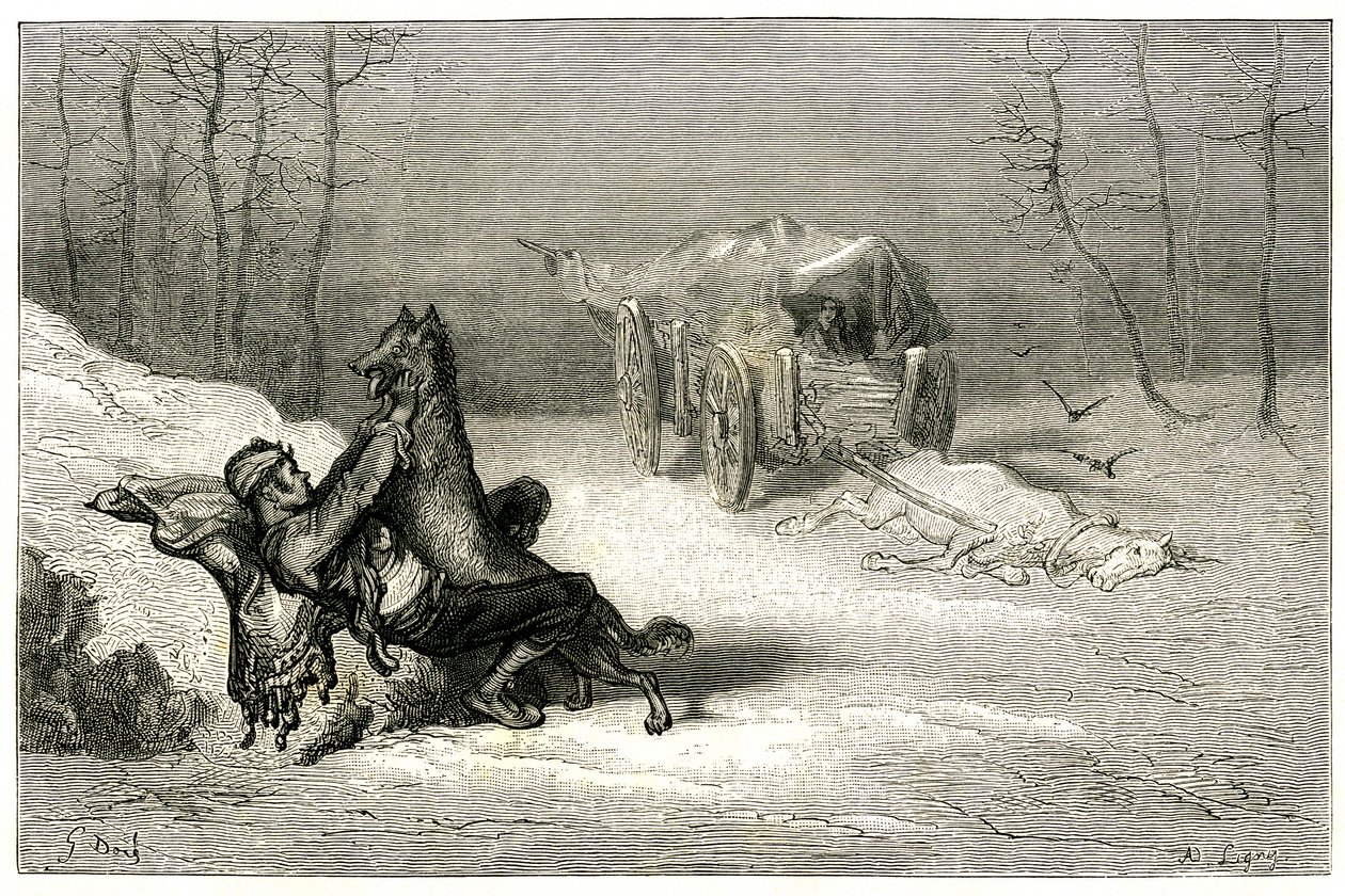 De bandiet Agostin wordt aangevallen door een wolf, nabij het dode paard nog in de kar verlaten door komedianten, of verbergt de kleine Chiquita. Gravure door Gustave Doré ter illustratie van Théophile Gautier