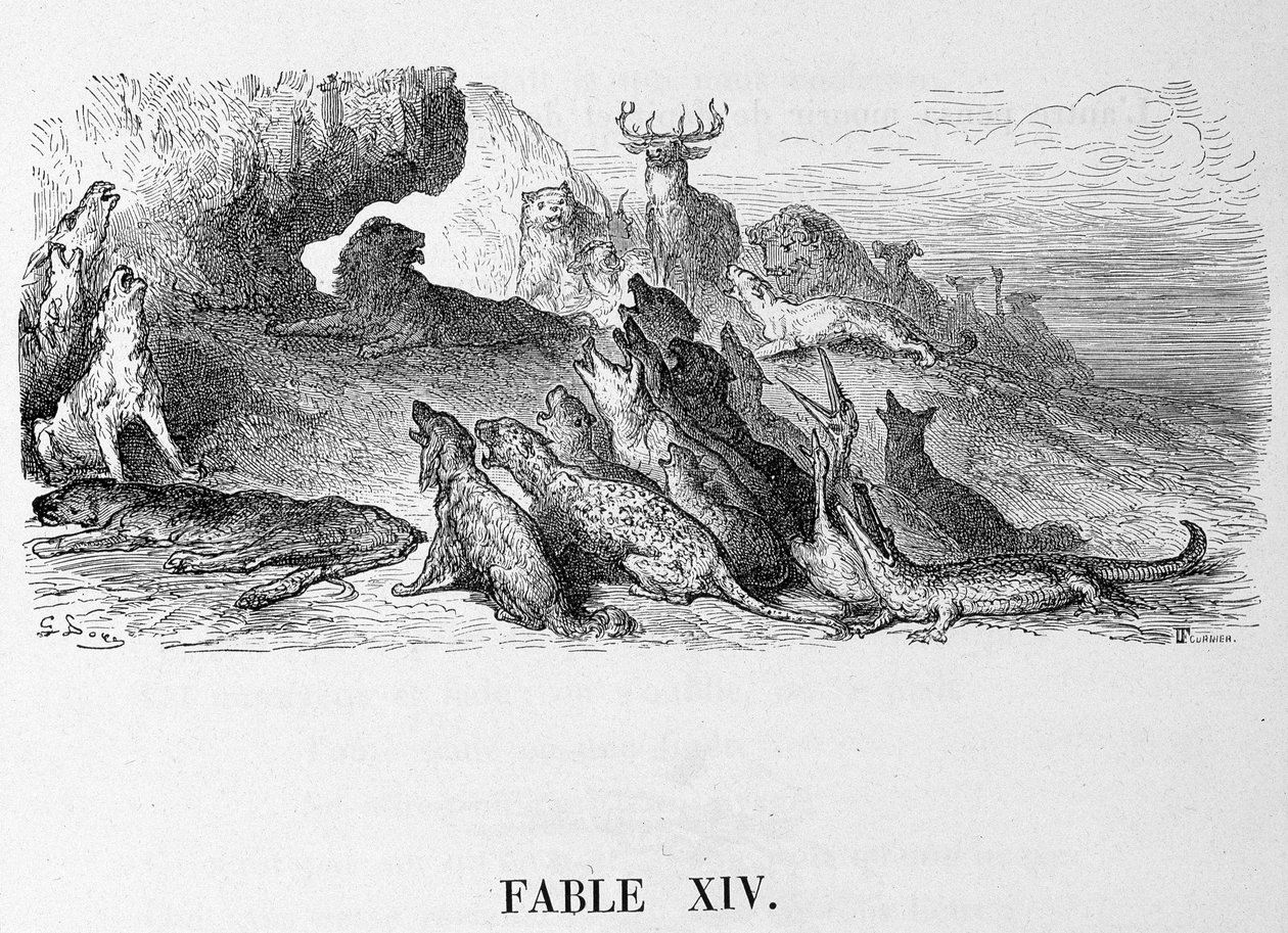 De begrafenis van de leeuwin - in "Fabels" van La Fontaine, ill. door Doré door Gustave Dore