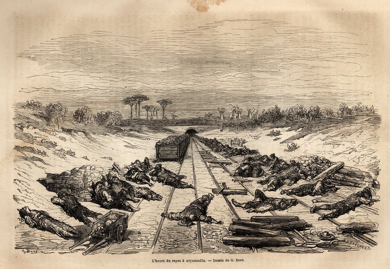 Het rustuur in Argamasilla, de vele spoorwegarbeiders liggen op het spoor, rustend in de volle zon. Gravure ter illustratie van de reis naar Spanje door Gustave Doré (1832-1883) illustrator en Baron Ch. Davillier redacteur, in 1862, gepubliceerd in 