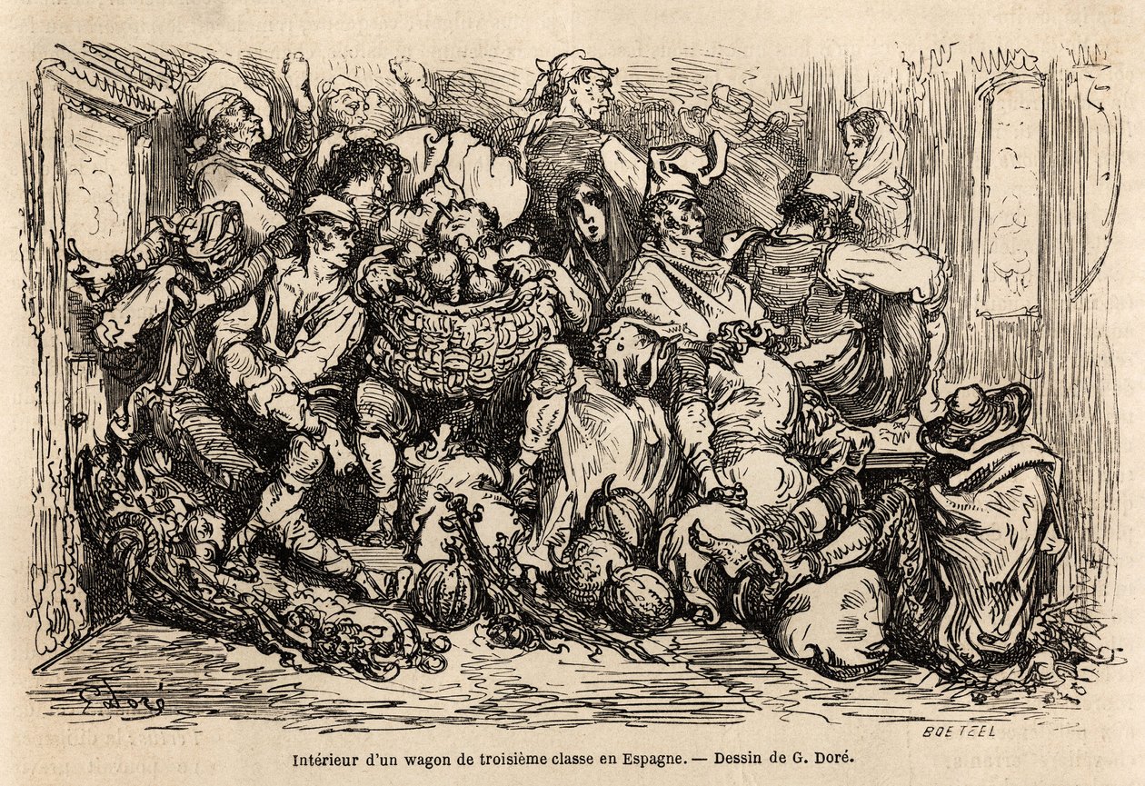 Het interieur van een derde klas wagon in Spanje. Gravure in Le tour du monde, bewerkt door Edouard Charton. door Gustave Dore