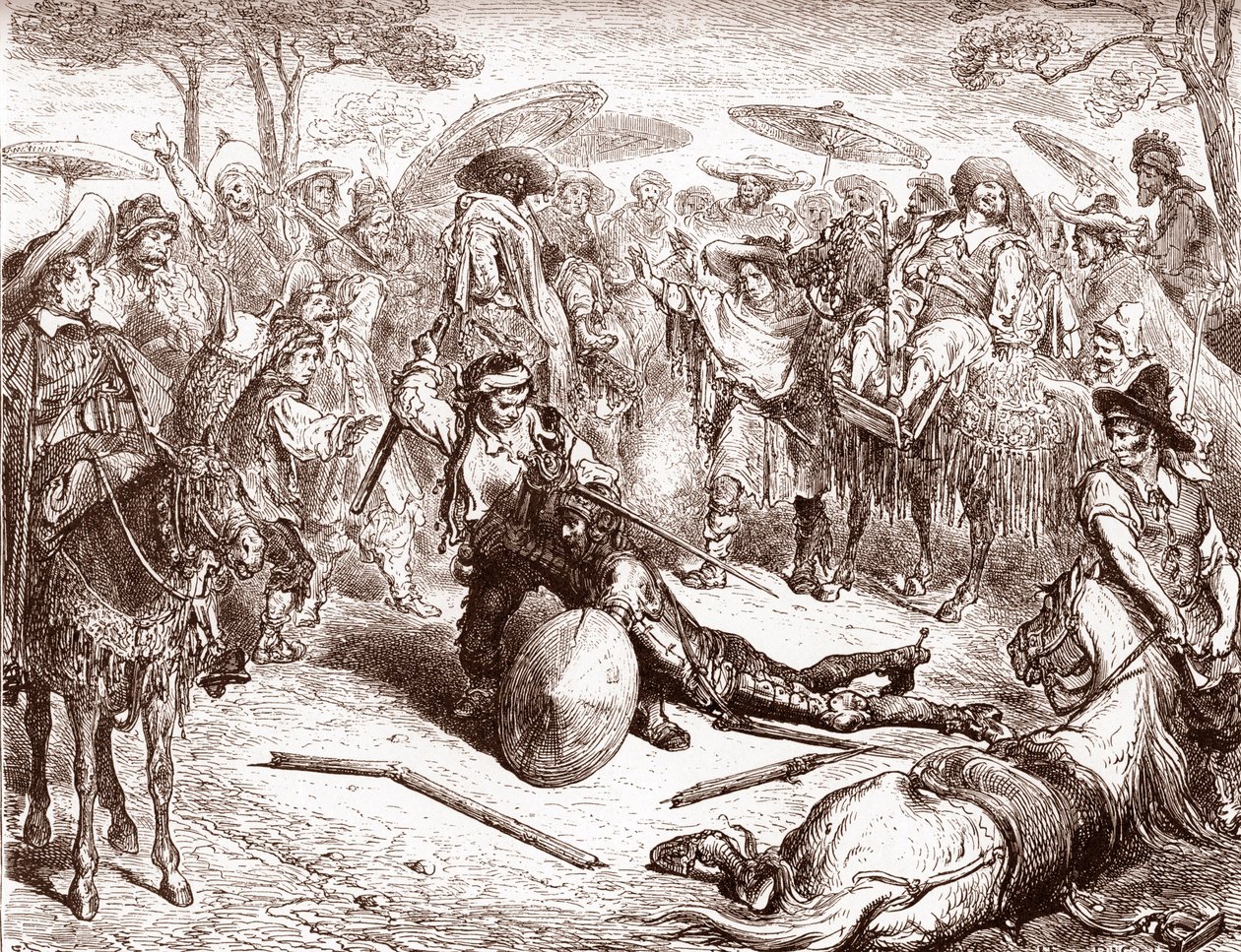 De kooplieden van Toledo kijken toe hoe een van hun muildierdrijvers Don Quichot slaat Gravure door Gustave Dore voor 
