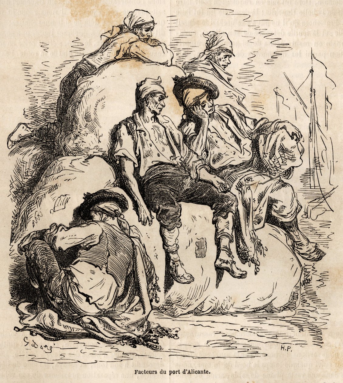 De siësta van de dragers van de haven van Alicante, schets gemaakt op het levendige van Gustave Dore (1832-1883), ter illustratie van zijn reis naar Spanje, in 1862, met Ch. Davillier. Gravure in 