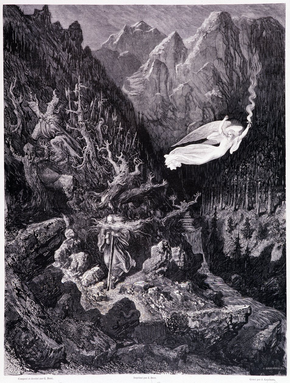 De oude man met een beurs en zijn stok die in een vijandig landschap loopt, wordt overtroffen door een engel die een vuurspies zwaait, Plaat VII - Illustratie door Gustave Doré, voor La légende du Juif errant door Pierre Dupont, editie Librairie du magasin door Gustave Dore