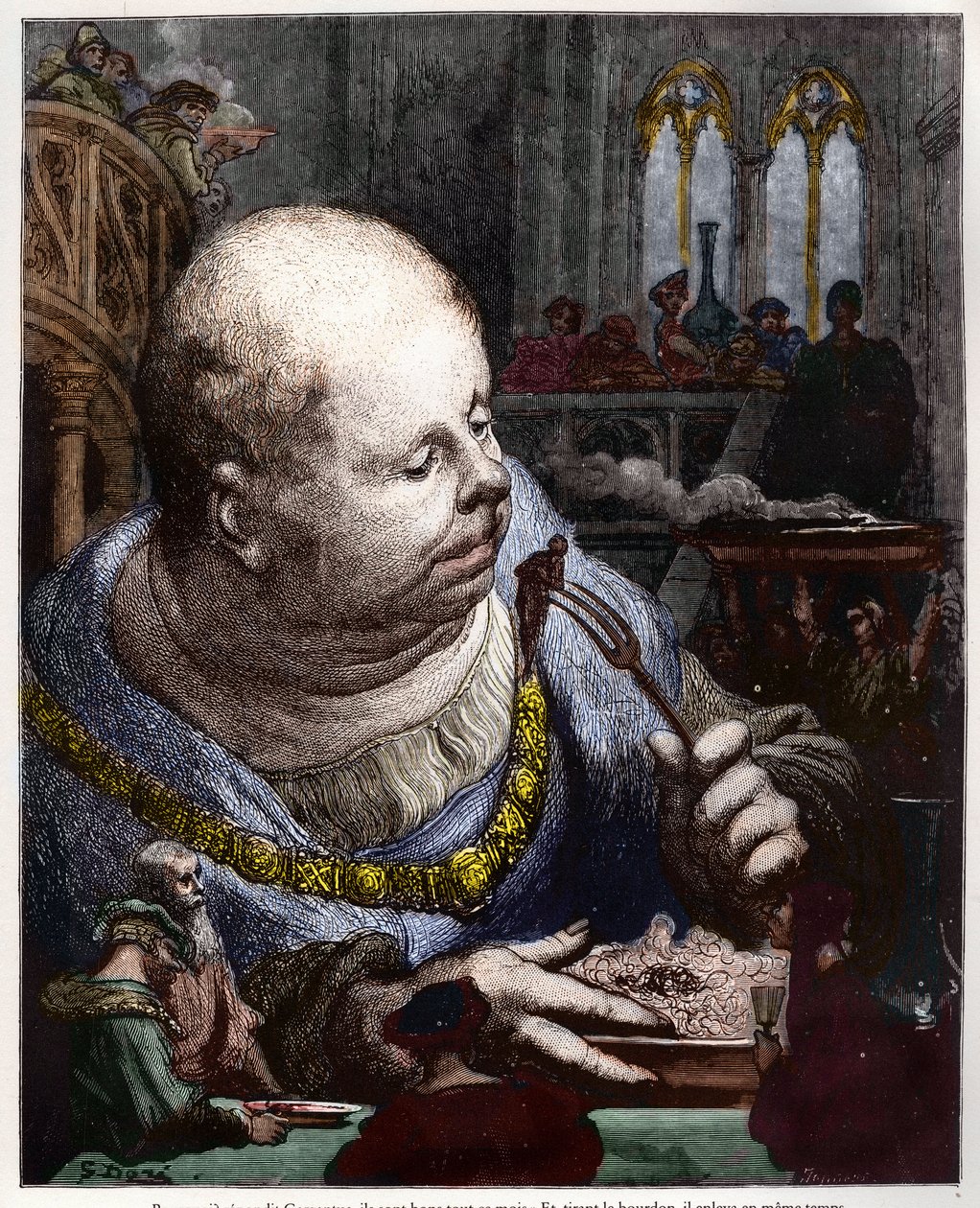 De pelgrims worden in salades gegeten - illustratie uit "Gargantua en Pantagruel" door Francois Rabelais - gravure door Gustave Dore door Gustave Dore