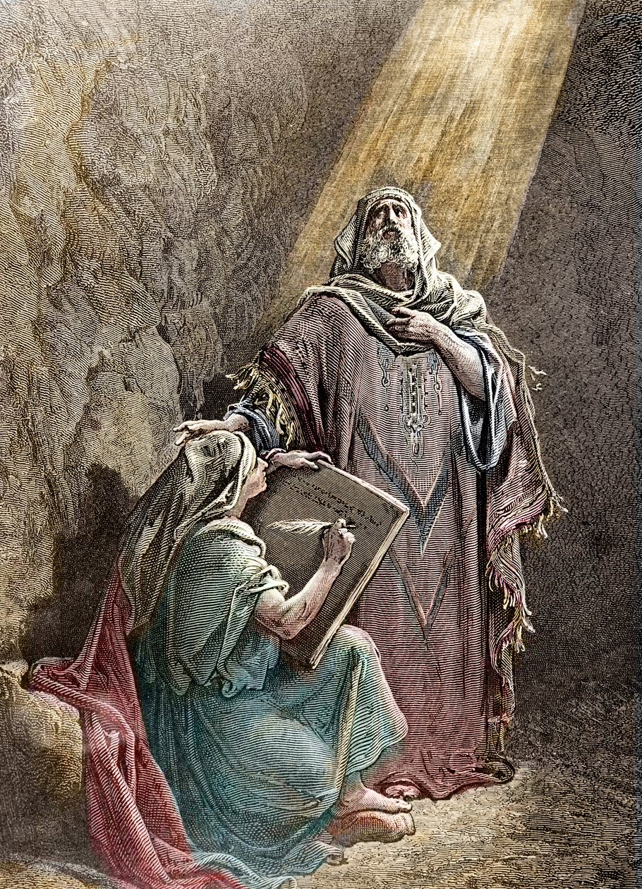 De profeet Jeremia dicteert zijn profetieën aan Baruch - Gekleurde gravure door Pannemacker, uit de Bijbel van Gustave Doré (1832-1883) door Gustave Dore