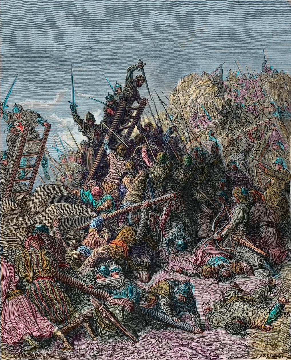 Het beleg van Ptolemais tijdens de derde kruistocht 1189 - gravure door Gustave Doré uit 