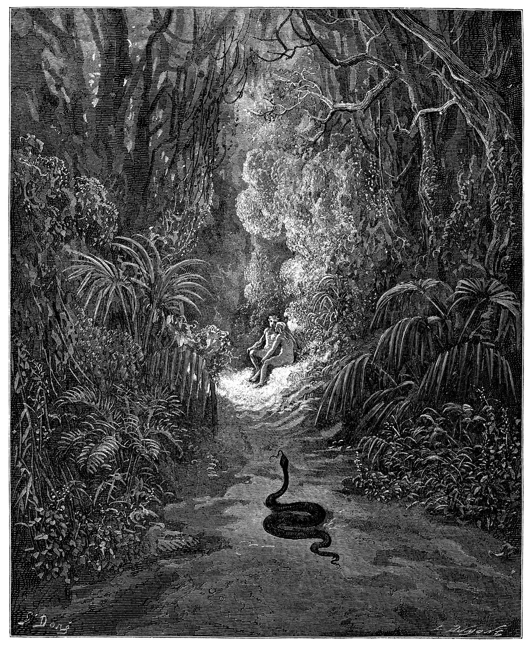 De slang gaat naar Adam en Eva. Illustratie door Gustave Doré voor "Paradise Lost" door John Milton (1608-1674). Gravure uit 1866. Privécollectie door Gustave Dore