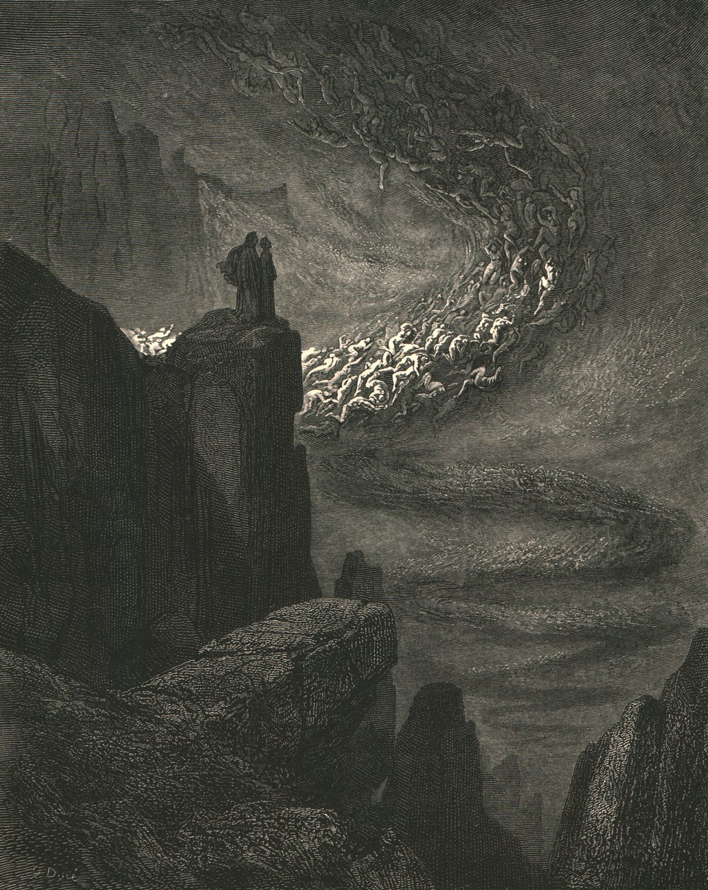 De stormachtige wind van de hel drijft de geesten voort door Gustave Dore