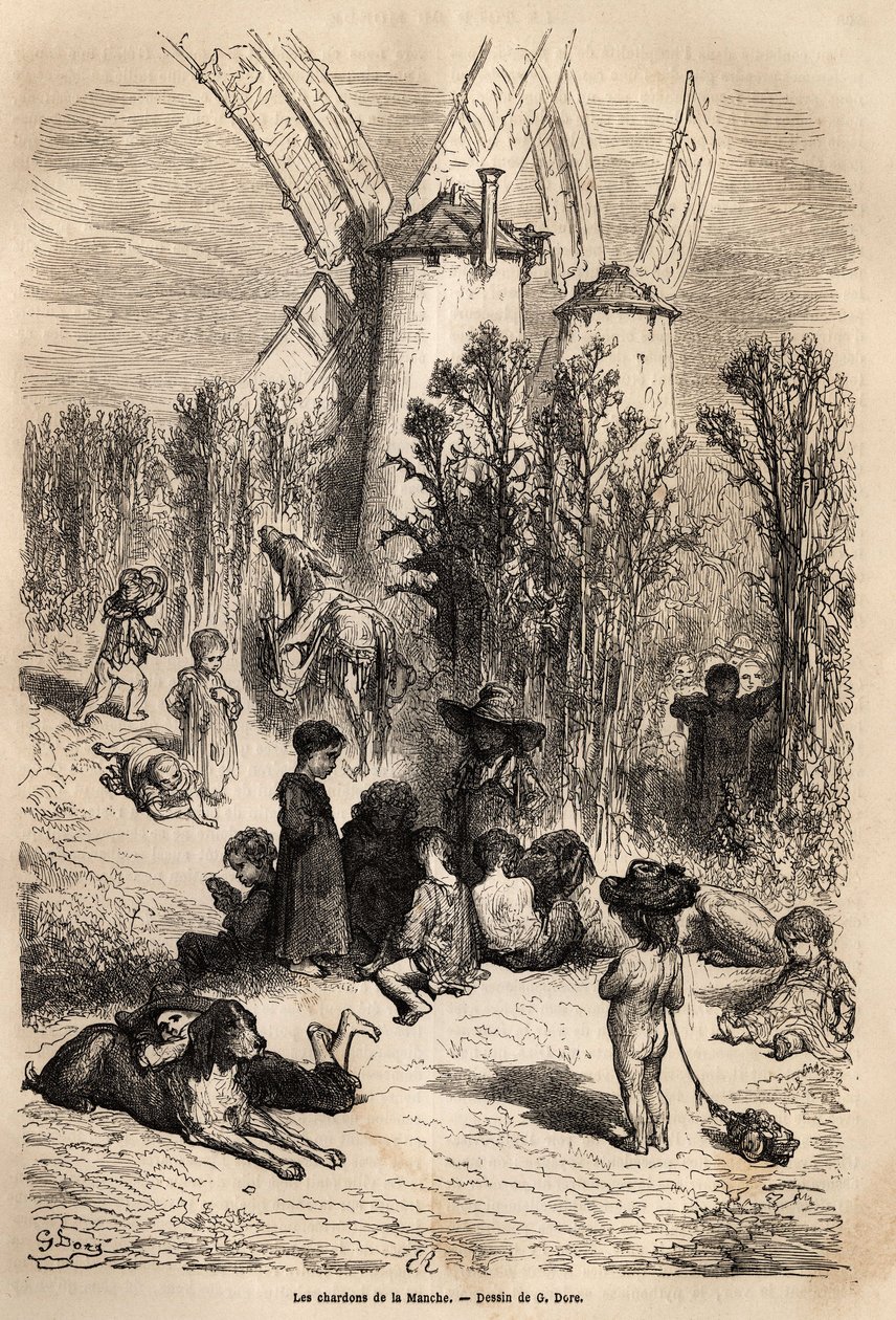 De distels van het Kanaal, aan de voet van de molens geliefd door Don Quichot, met de voorstelling van een windhond, een hondenras dat zeer frequent is in de regio (de figuur van de altijd hongerige galgo corredor in Don Quichot) en een menigte bedelende k door Gustave Dore