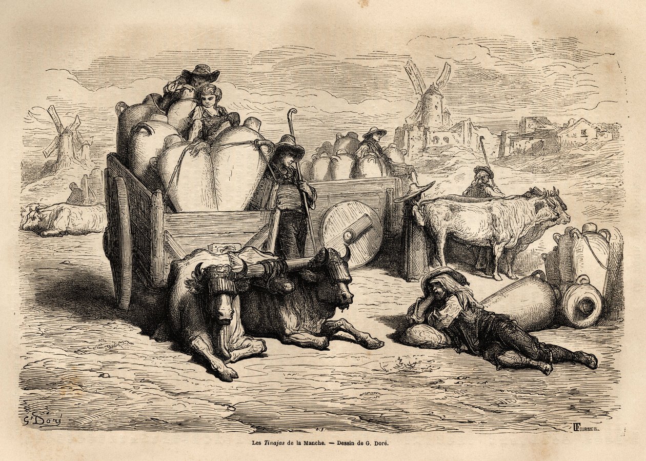 De tinajas van het Kanaal, het gebruik van deze enorme aardewerken kruiken vervangt het gebruik van vaten en hun gebruik is zeer oud. Gravure ter illustratie van de reis naar Spanje door Gustave Dore (1832-1883) illustrator en Baron Ch. Davillier reactor,  door Gustave Dore
