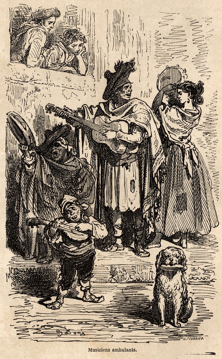 Reizende muzikanten in Valencia. Illustratie van Gustave Dore
